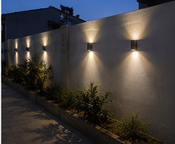 Fachada exterior con iluminación instalada