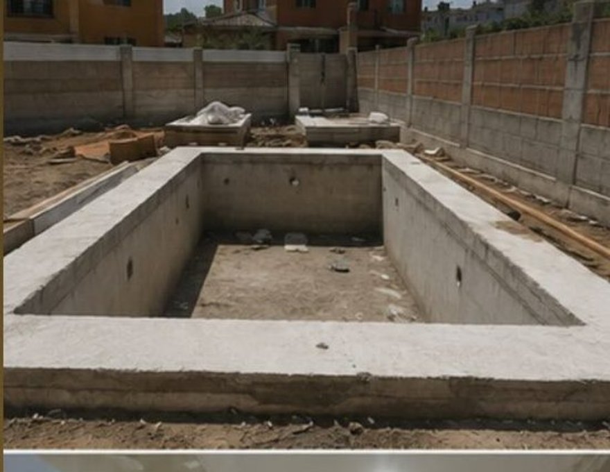 Vaso de piscina de hormigón en construcción en el jardín de una vivienda